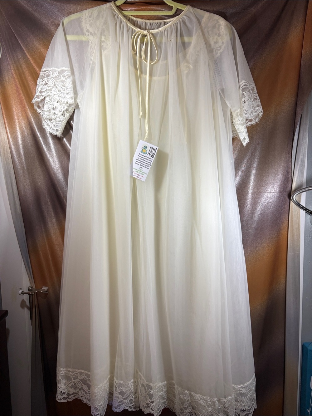 Vintage 60’s 2 piece pinafore Cream Lace-Trim Nightgown Soft Sheer. DD - Picture 1 of 11